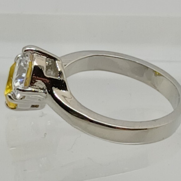 Silver Tone Bypass Ring Two Stone Yellow Sapphire Clear CZ Round Cut Size 7 - Picture 4 of 11